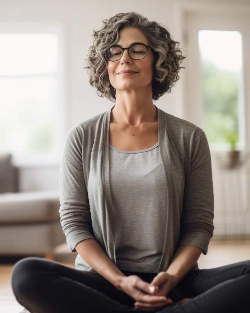 Middle aged woman doing deep breathing exercises to help with anxiety and panic